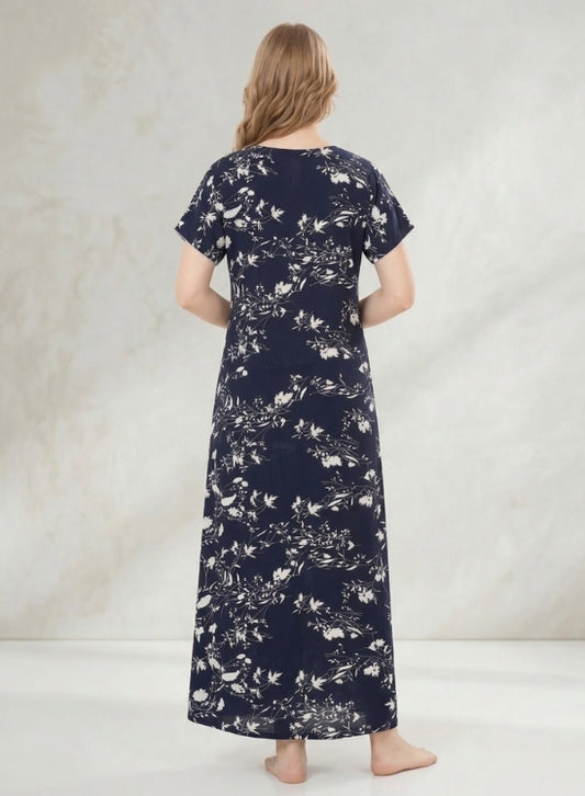 Navy Blue floral print Rayon Nighty