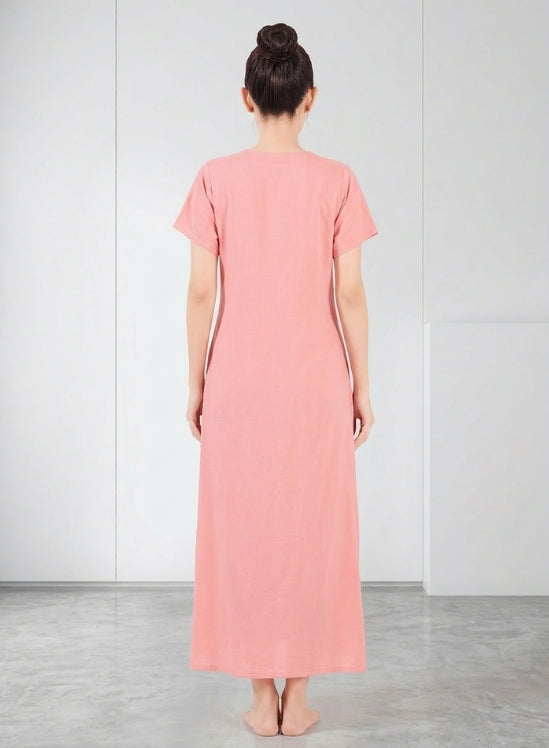 Peach Pink floral embroidery Rayon Nighty