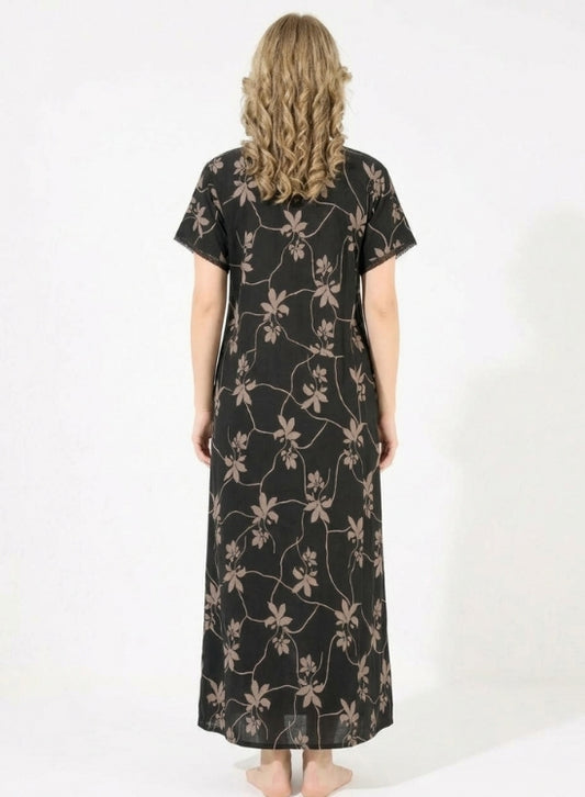 Deep Black with Soft Taupe Floral Alpine Nighty