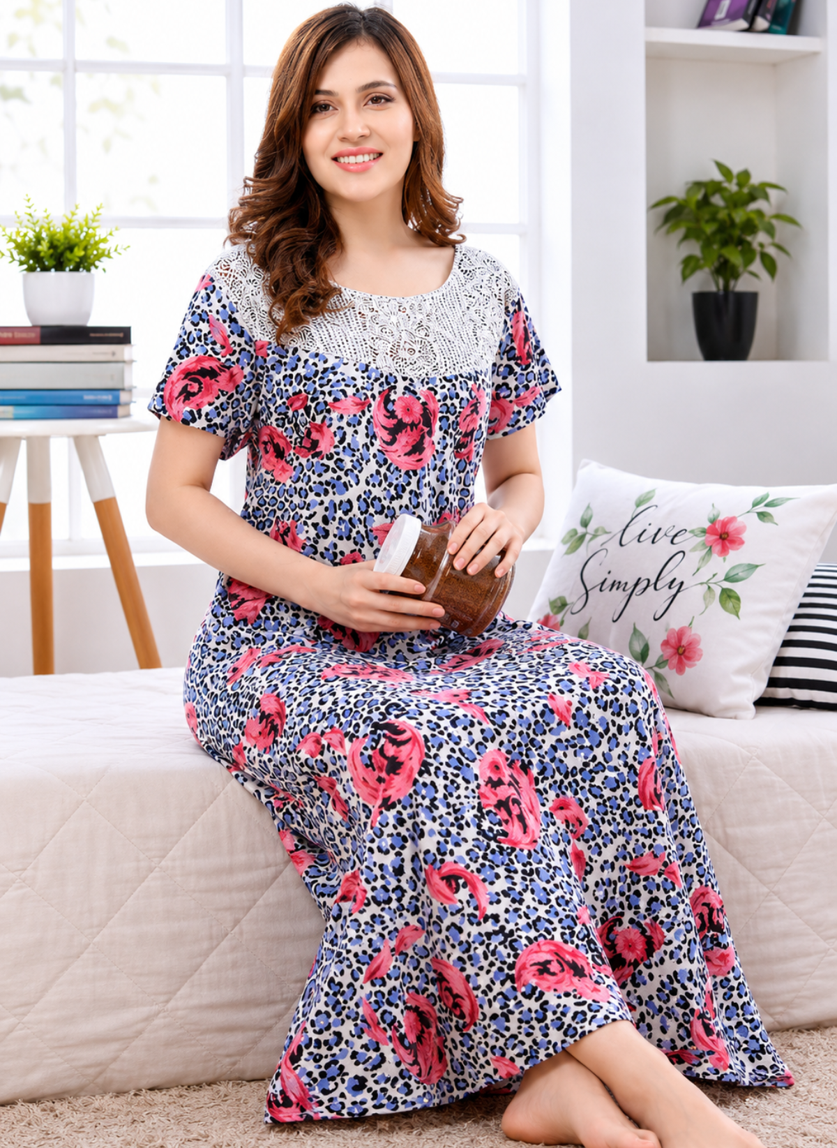 Midnight navy leopard floral print satin nighty with lace yoke