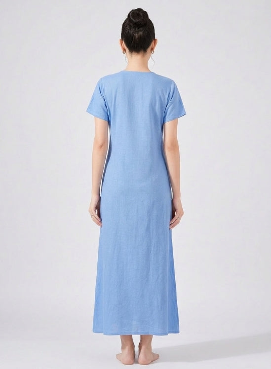 Soft Sky Blue with Pink Floral Embroidery Rayon Nighty