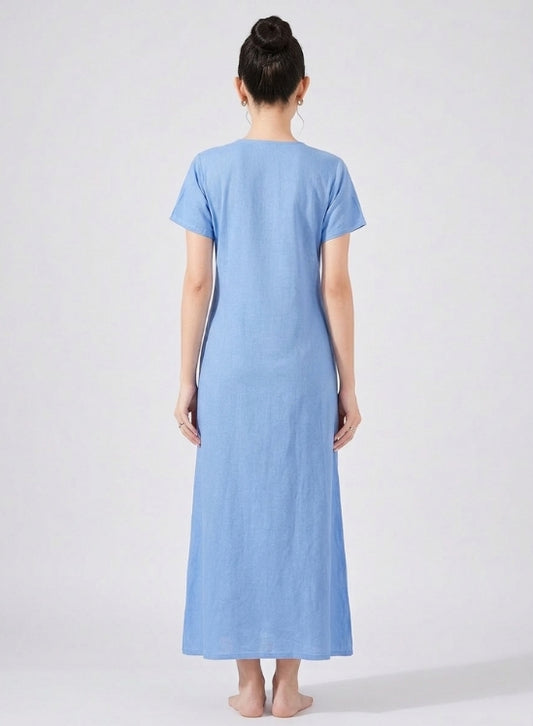 Soft Sky Blue with Pink Floral Embroidery Rayon Nighty