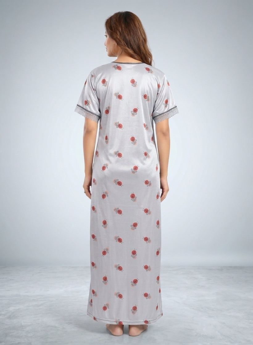 Printed Pink and Blue Floral Satin Nighty for Women