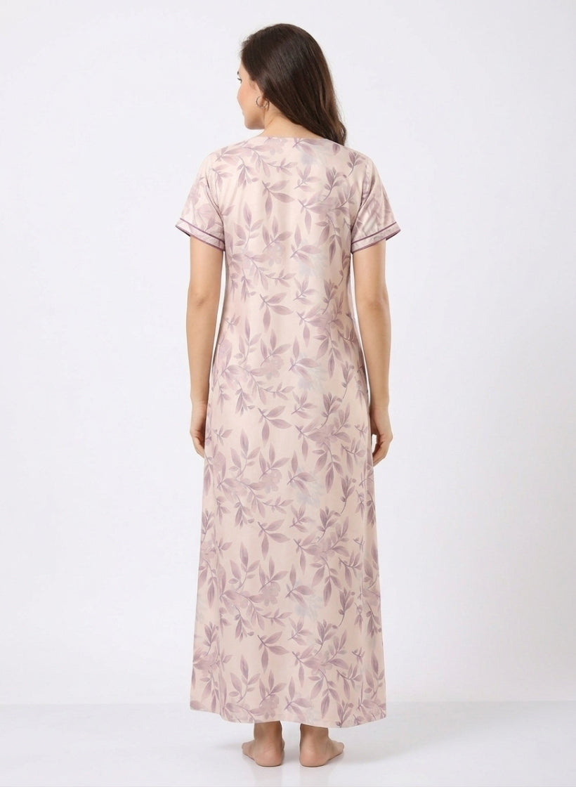Soft Blush Pink with Dusty Mauve Botanical Leaf Print Satin Nighty