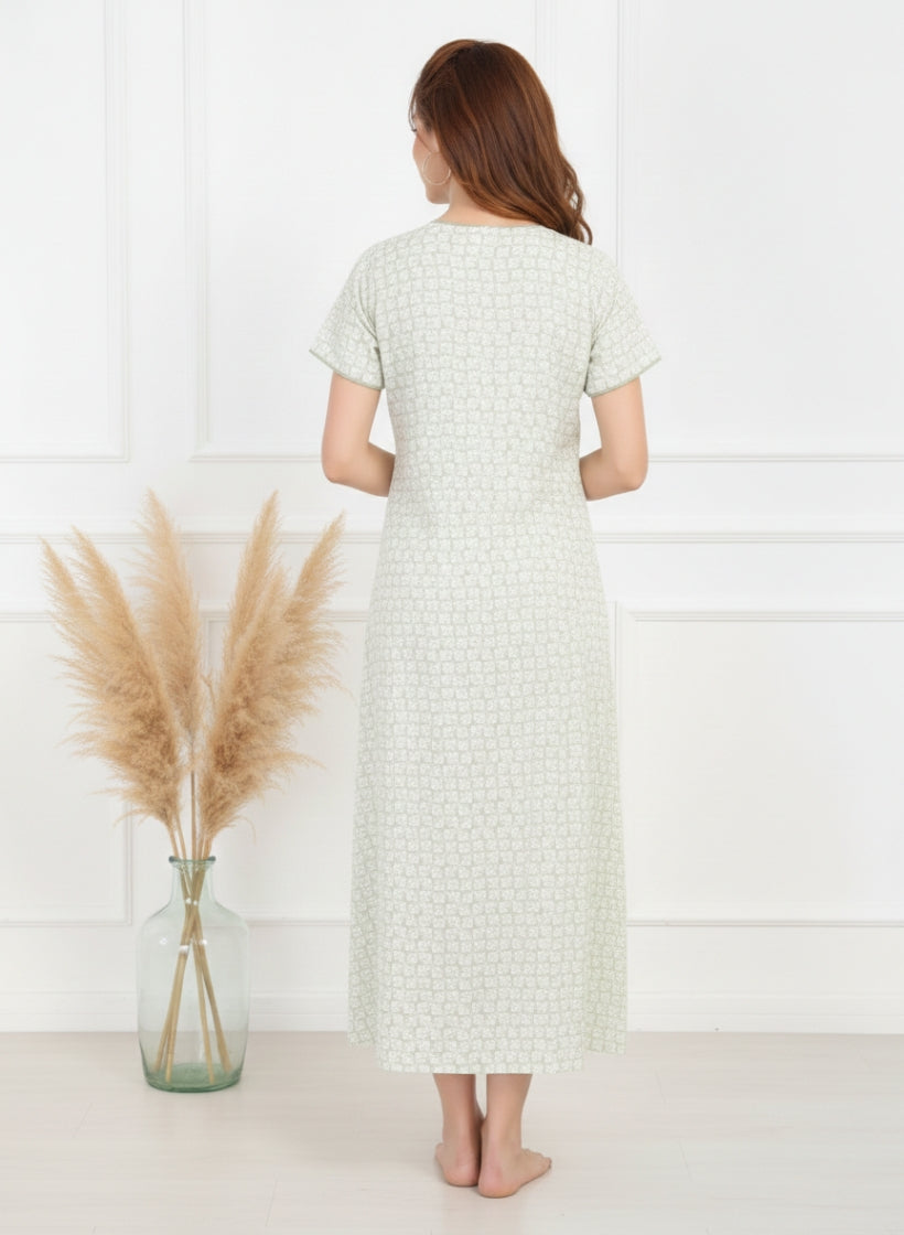 Printed Sage green Cotton Nighty