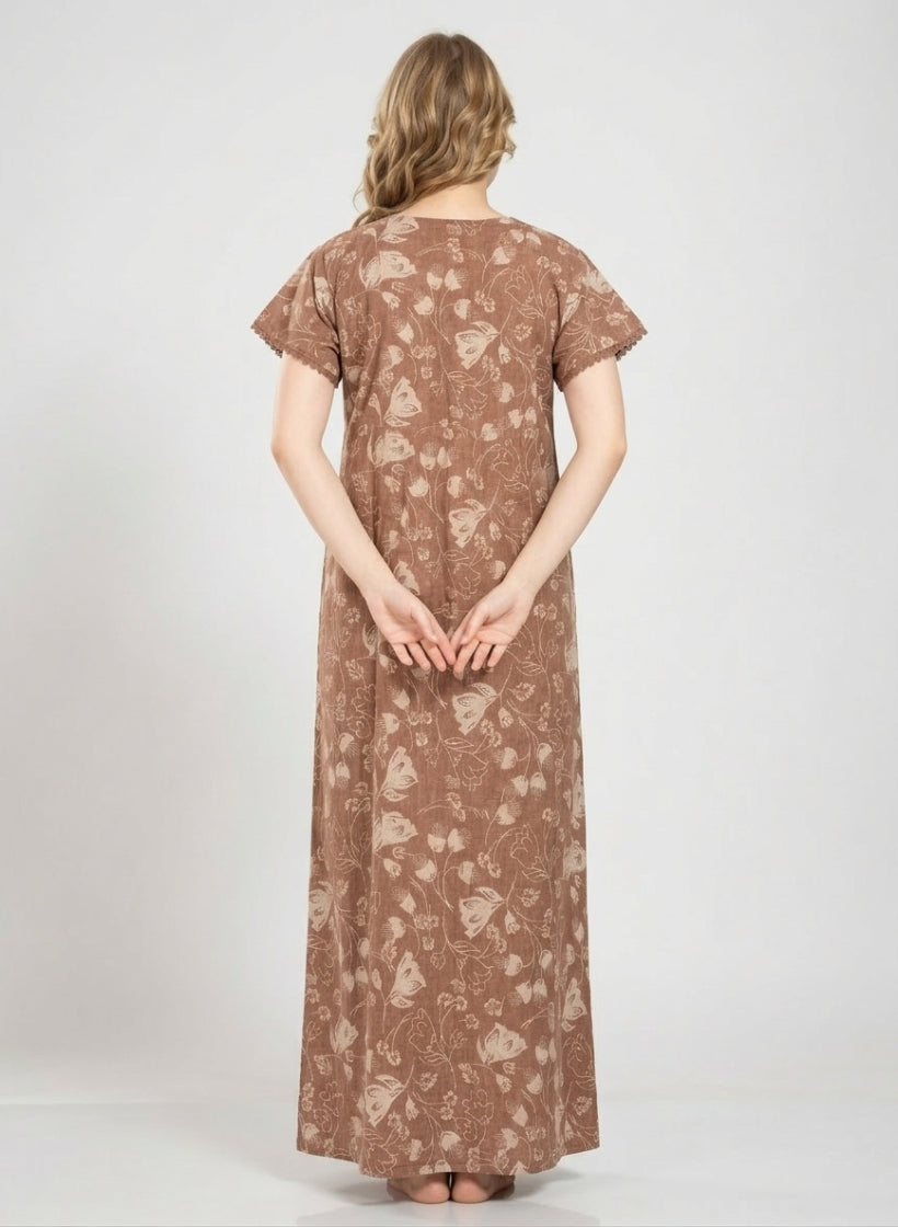Cocoa Brown with Cream floral Cotton Nighty