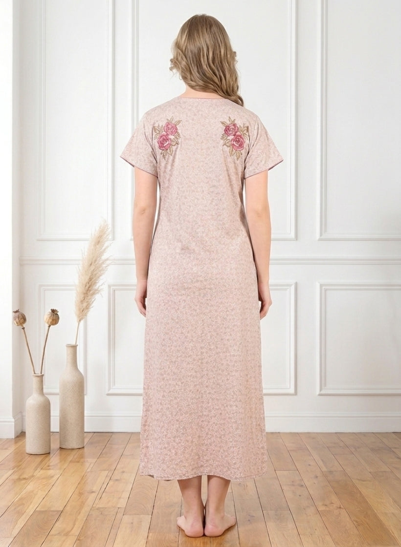Dusty Rose Leaf Print Cotton Nighty