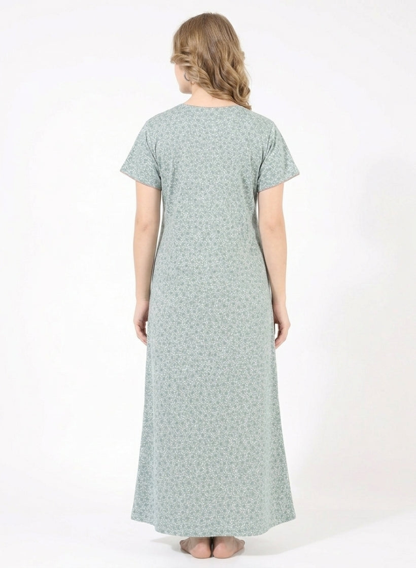 Seafoam Green Floral Embroidery Cotton Nighty