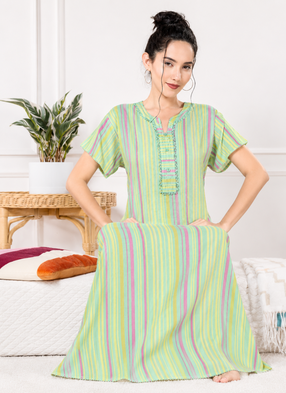 Mint multi stripe print rayon nighty with scalloped lace neckline