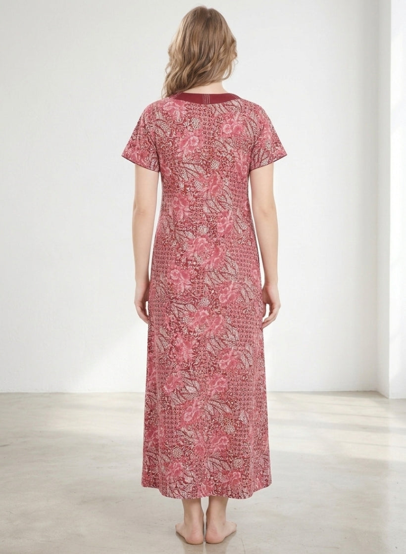 Maroon and Rosy Pink Floral Cotton Nighty
