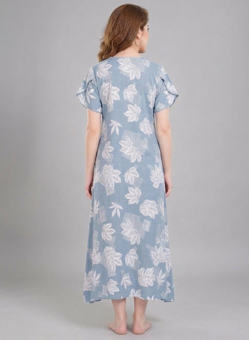 Steel Blue with White Leaf Print Cotton Nighty