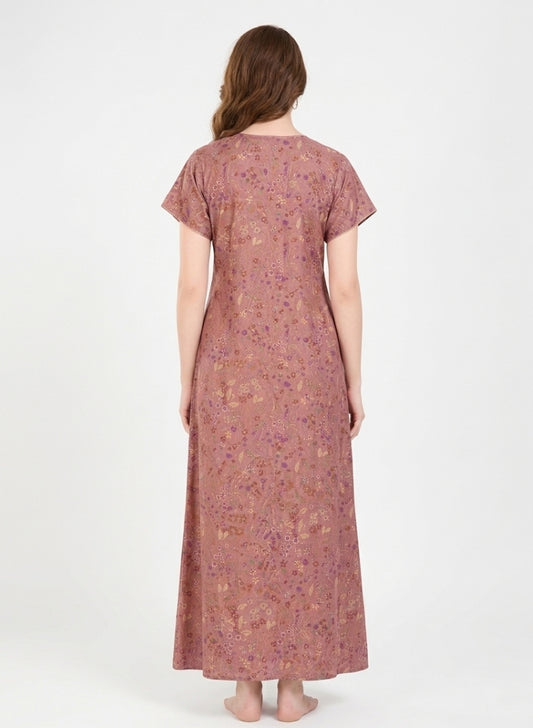 Dusty Rose Pink with Multicolor Vintage Floral Print Satin Nighty