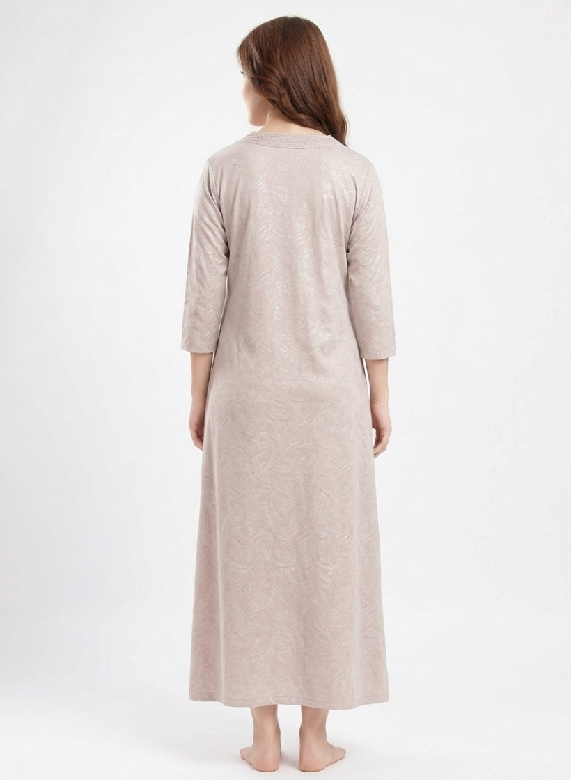 Champagne Beige with Shimmering Leaf Foil Print Cotton Nighty