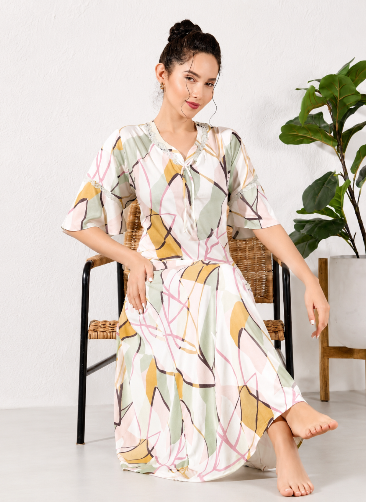 Sage multi abstract leaf print rayon nighty with tie-neck lace trim