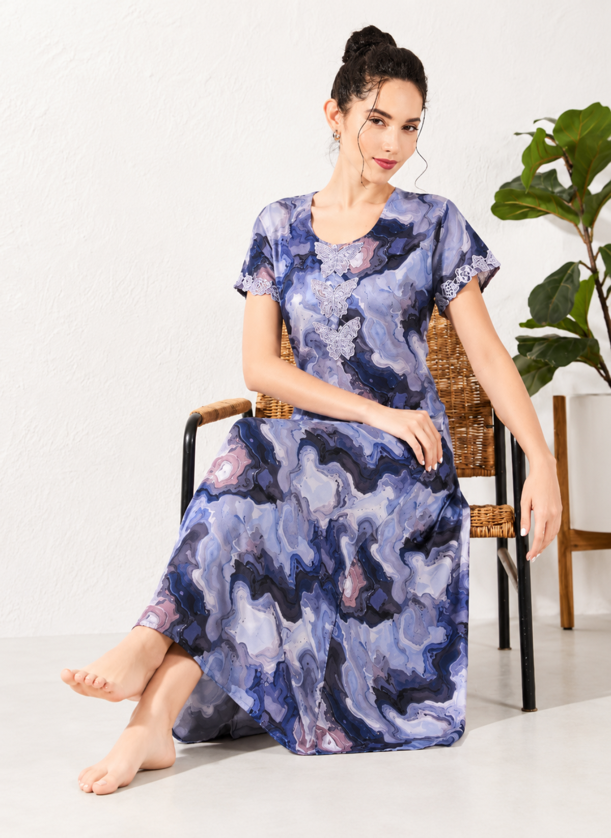 Sapphire blue marble print rayon nighty with lace butterfly applique