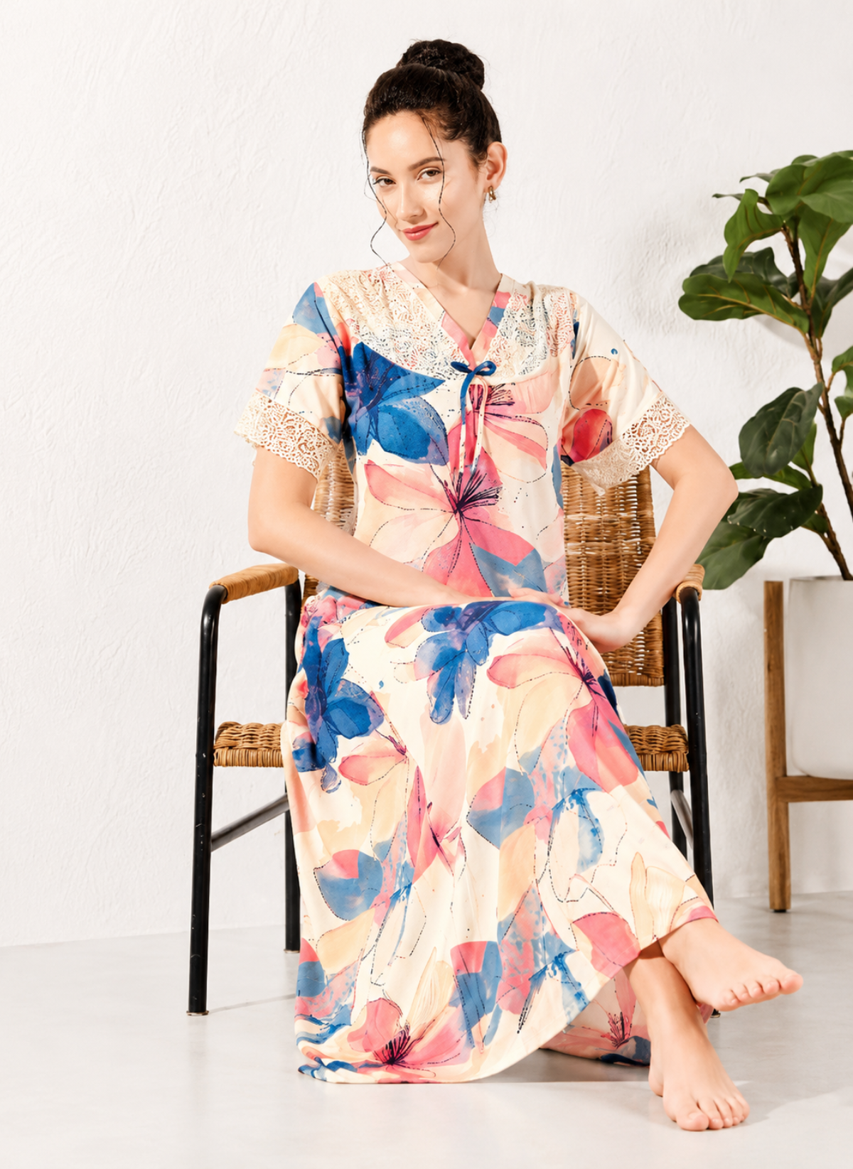 Peach multi watercolor floral print rayon nighty with lace yoke