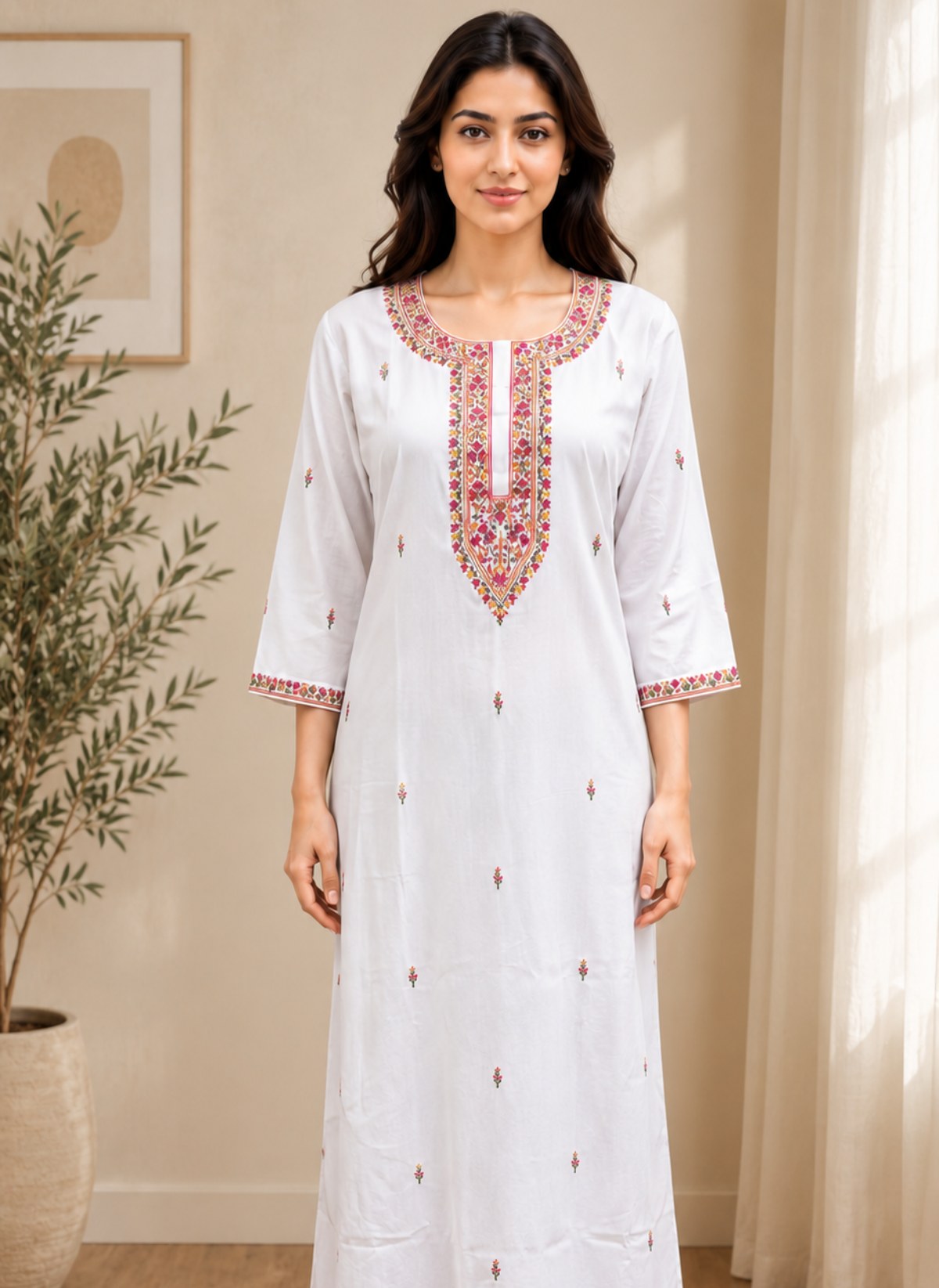 Pearl white embroidered yoke rayon nighty with floral embroidery on neckline and sleeves