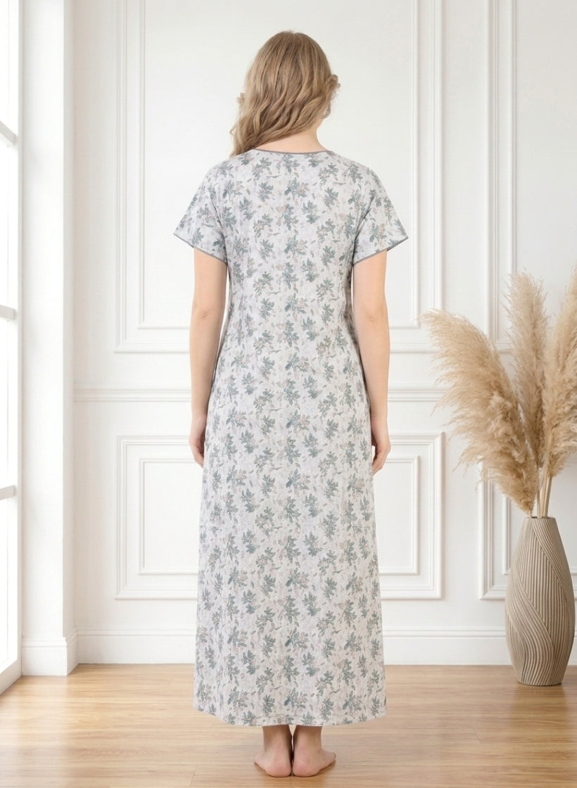 Light Grey and sage green Floral Cotton Nighty