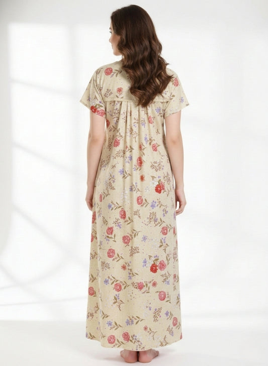 Cream with Red and Purple mixed floral Print Cotton Nighty