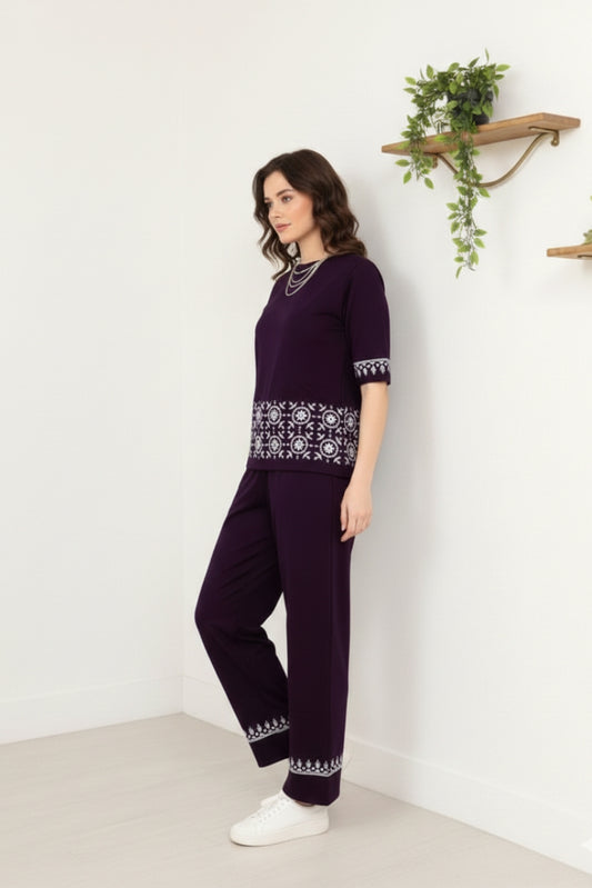 Deep Purple Geometric White Contrast Border Print Night Suit Set