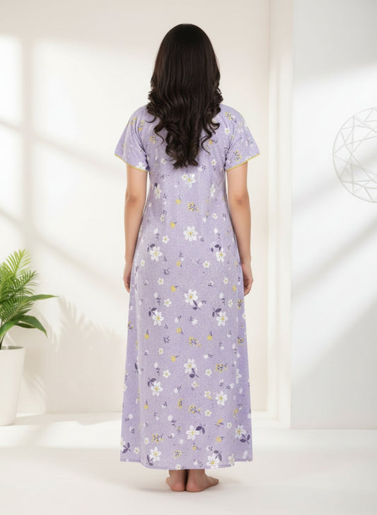 Lavender Mist with White floral Print Cotton Nighty