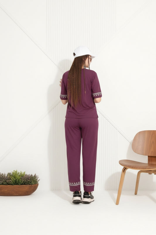 Wine Geometric White Contrast Border Print Night Suit Set