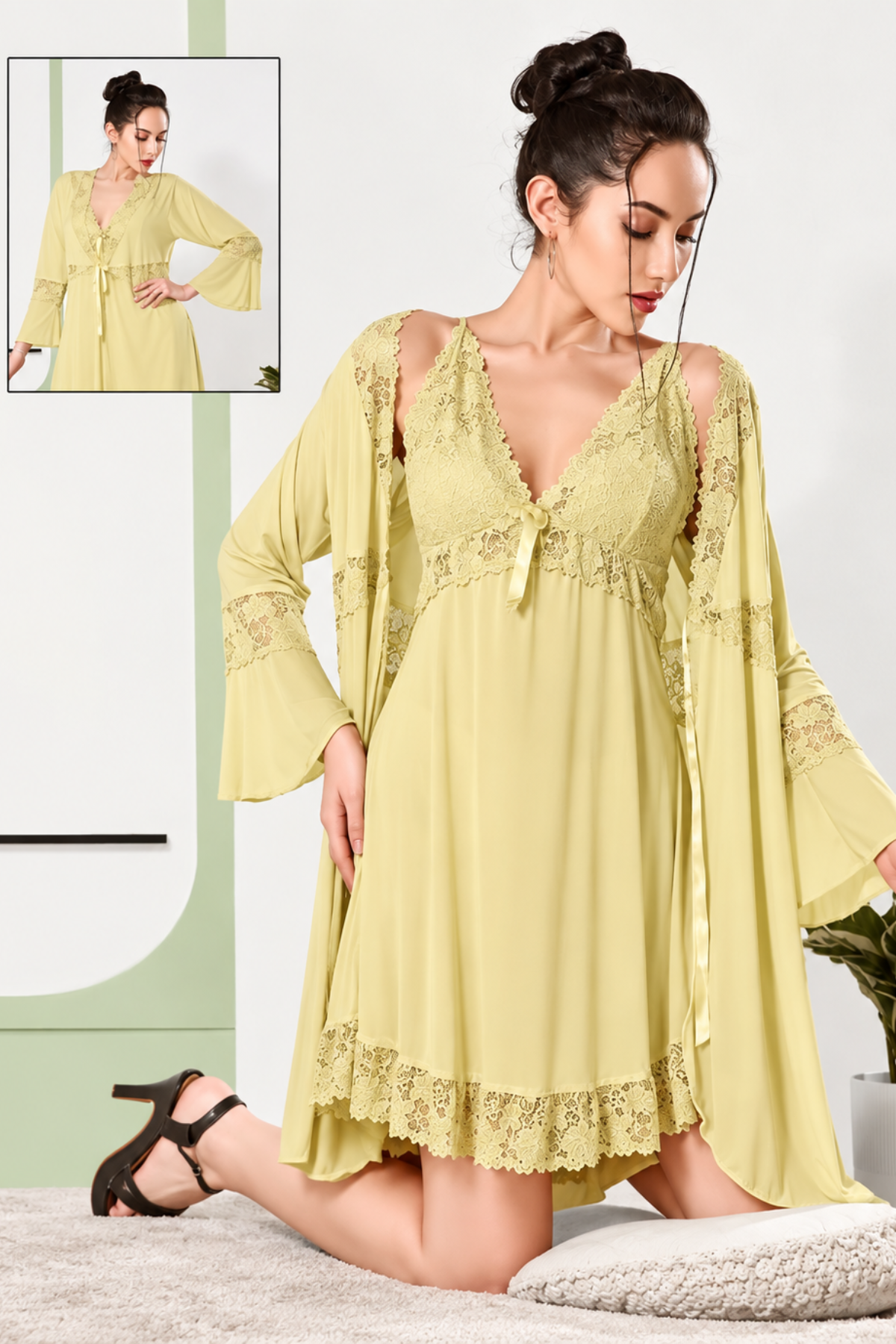 Butter yellow lace short nighty with matching bell sleeve robe, 2 pc set