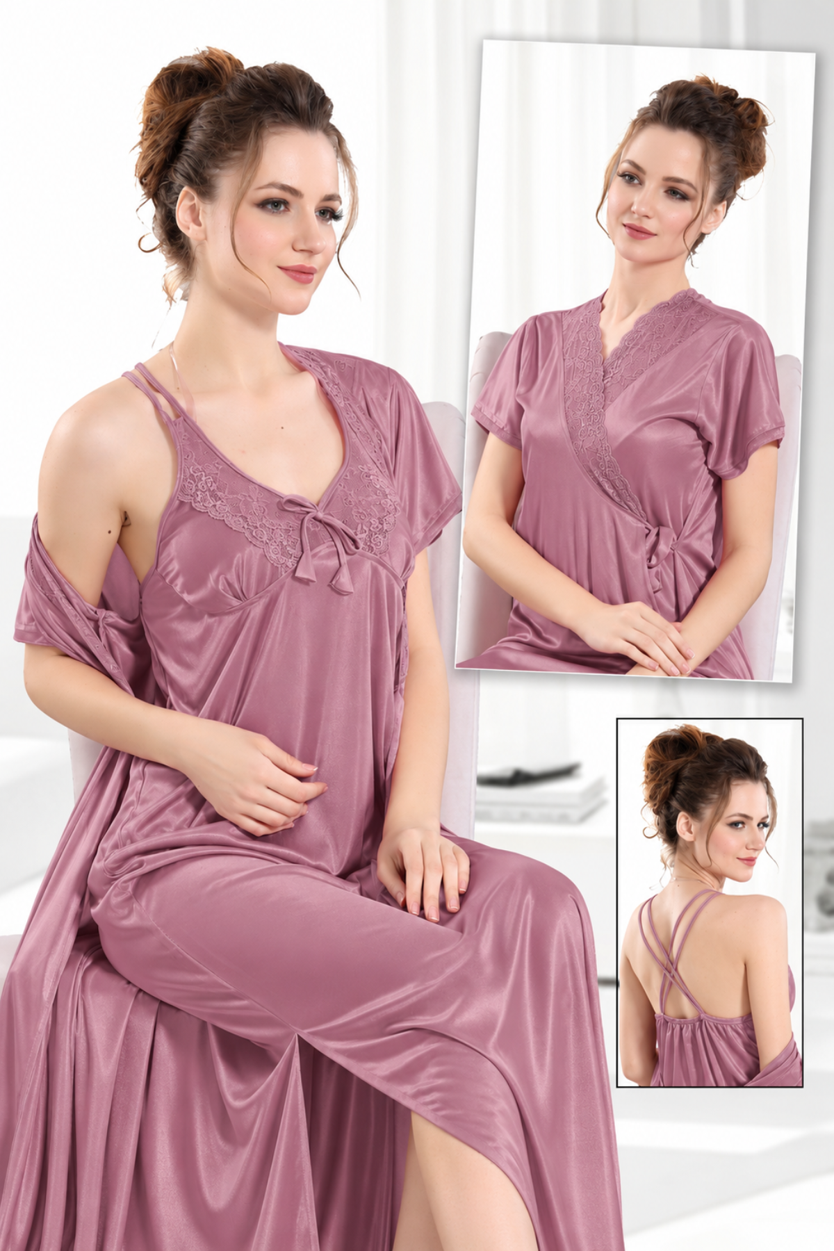 Dusty orchid silky lace V-neck nighty with matching robe and criss-cross back