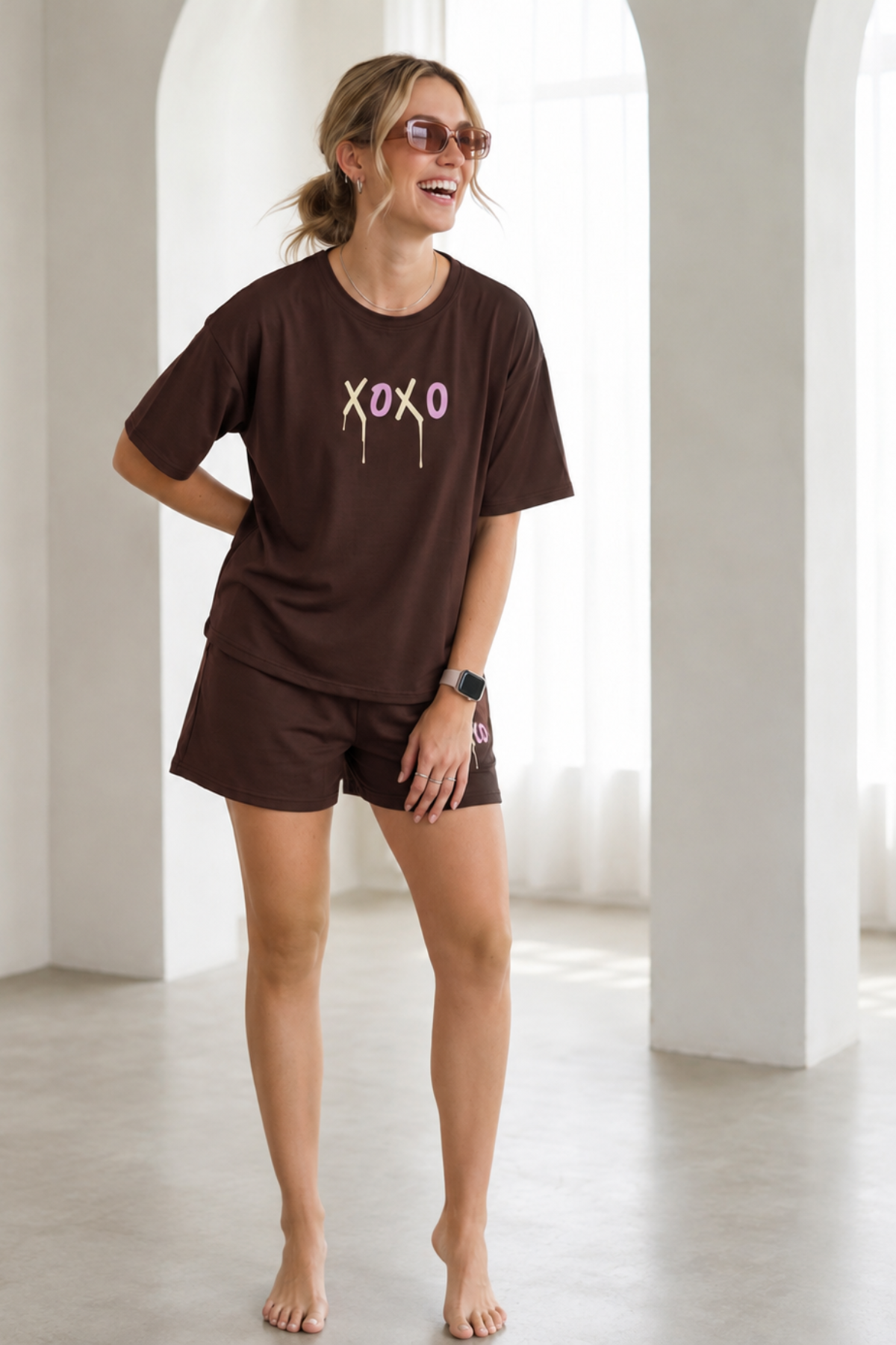 Espresso brown oversized tee and shorts tencel night suit with XOXO graphic print