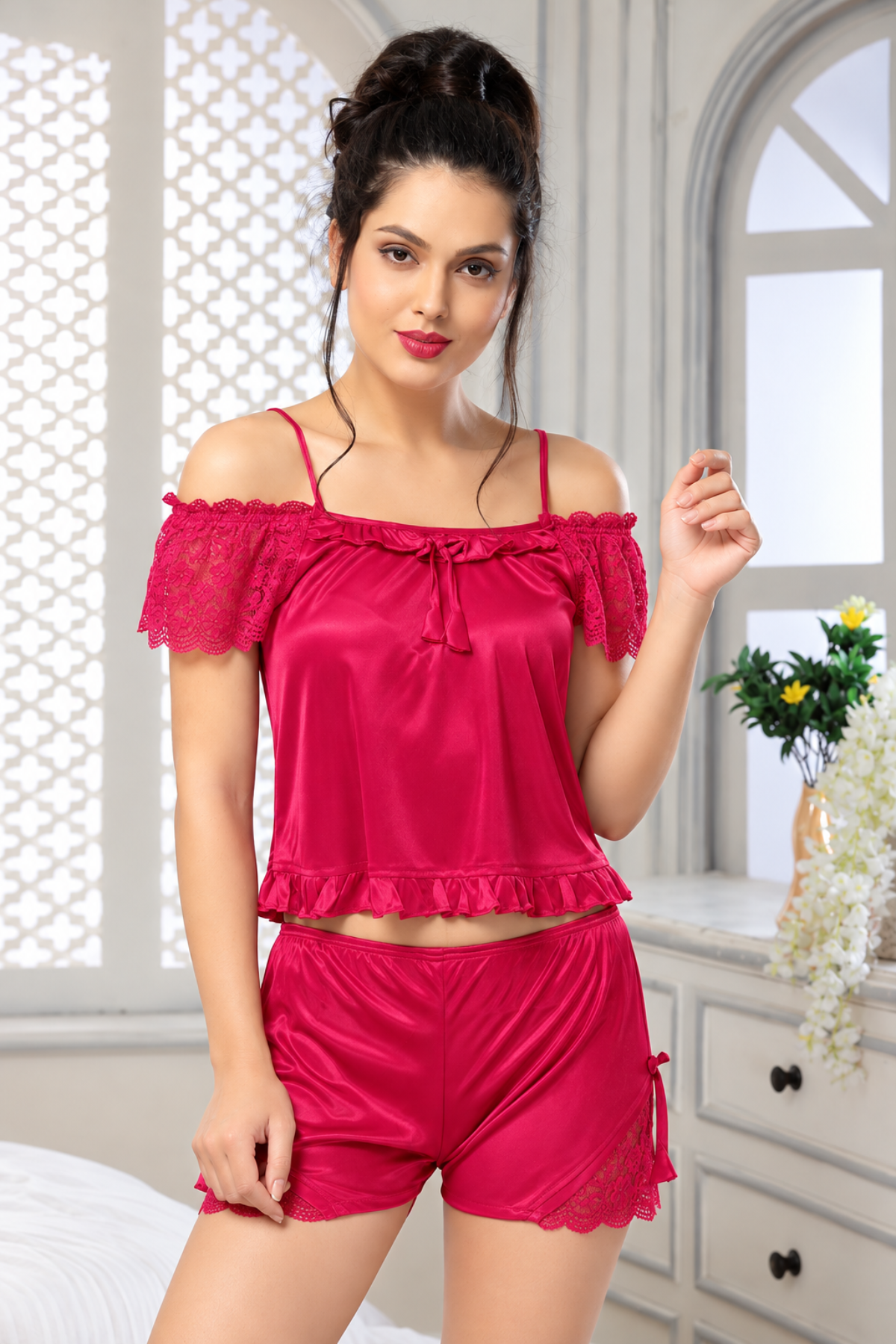 Rani off shoulder lace top with matching lace trim shorts, 2 pc night suit