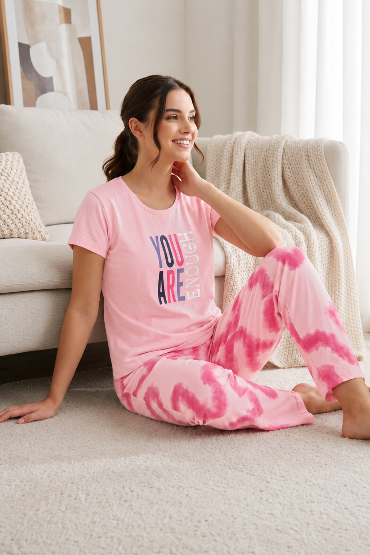 Rose quartz pink You Are Enough graphic hosiery night suit with pink tie-dye print full-length pants