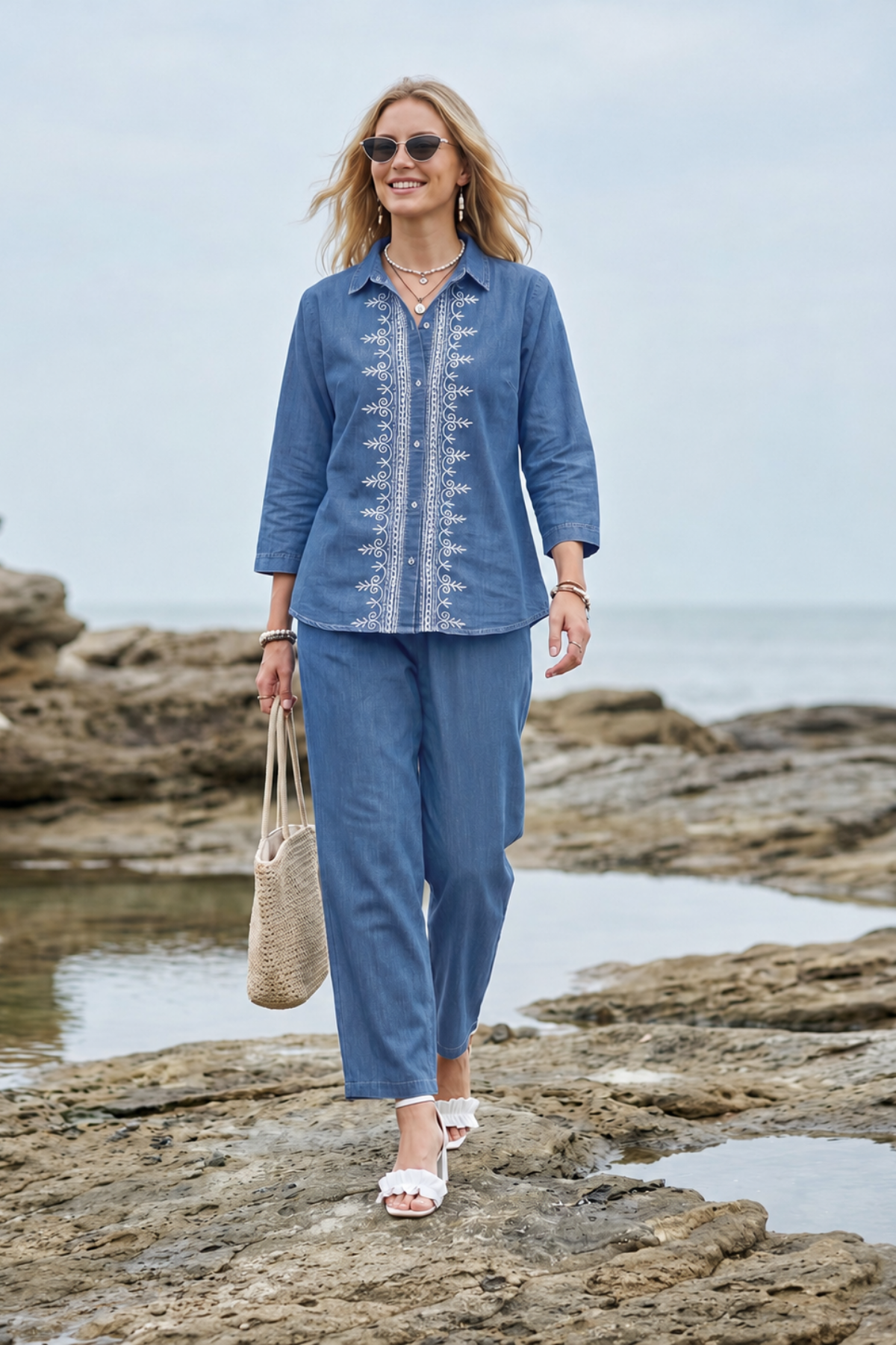 Washed denim blue co-ord set with white embroidered button-down top and matching full-length pants