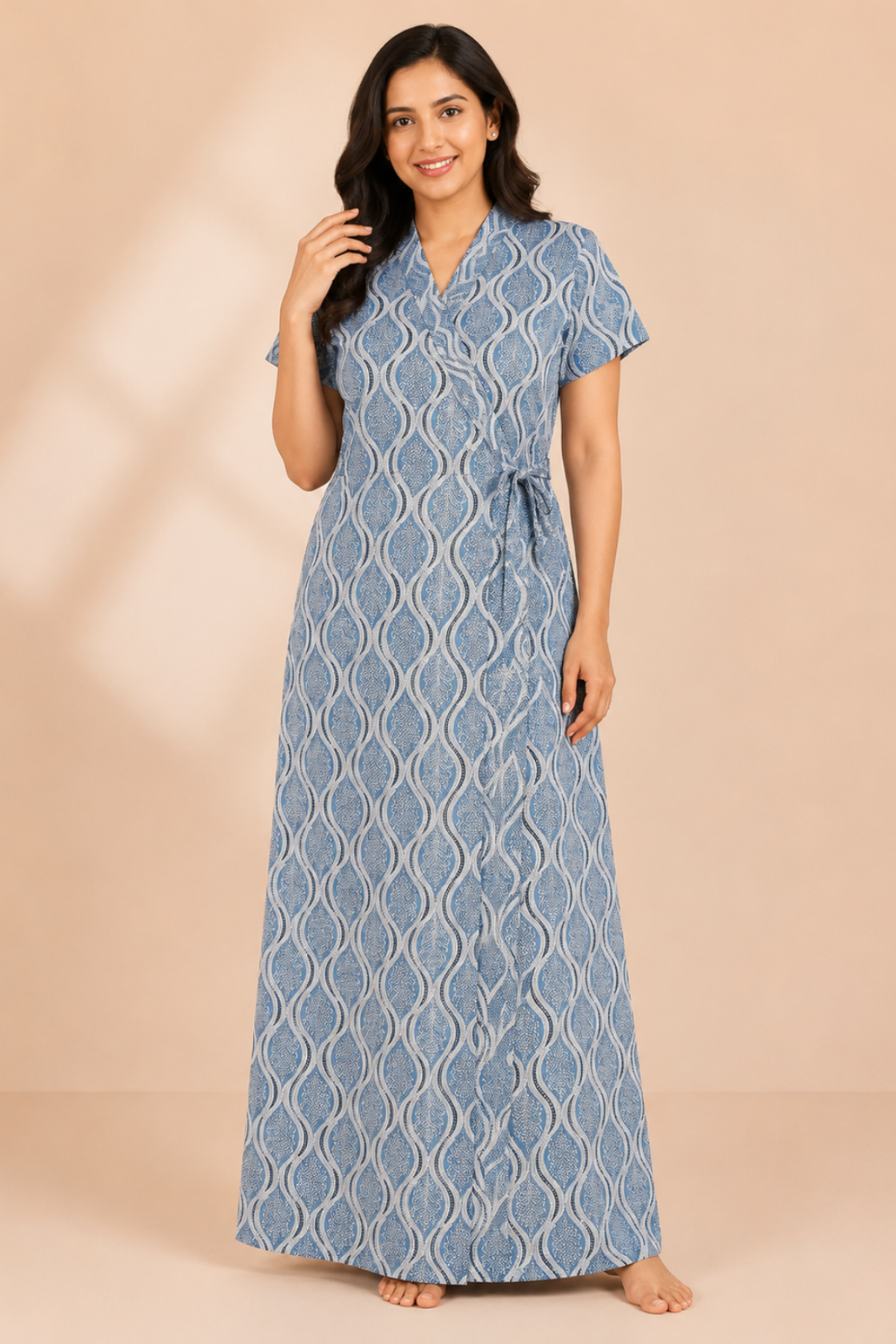 Woman wearing steel blue chevron print cotton housecoat - Gemini Nightwears