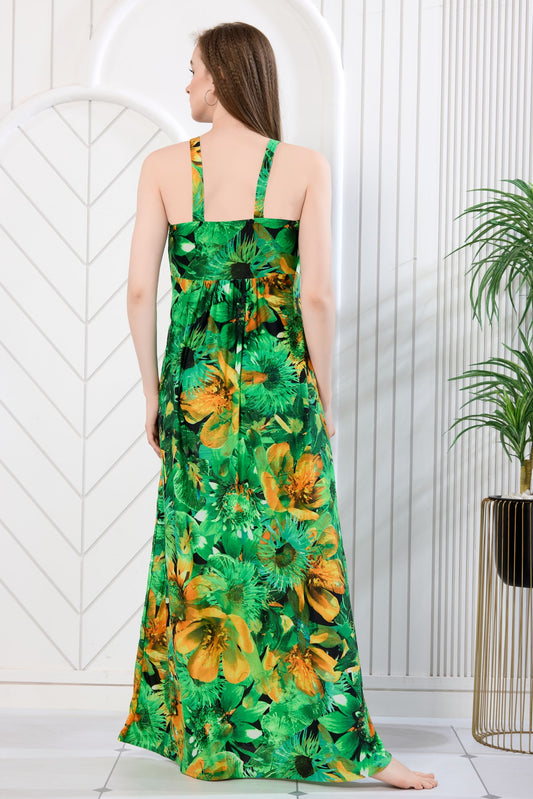 Green and orange floral print sleeveless maxi gown back view - Gemini Nightwears