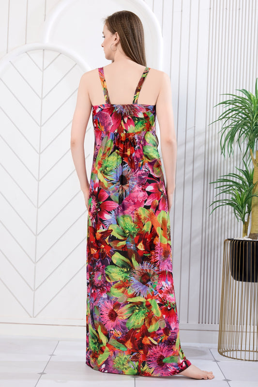 Magenta floral print sleeveless maxi gown back view - Gemini Nightwears