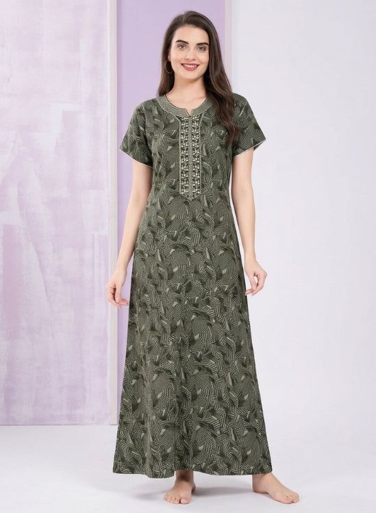 Olive Green  with Light Green Print Alpine Nighty