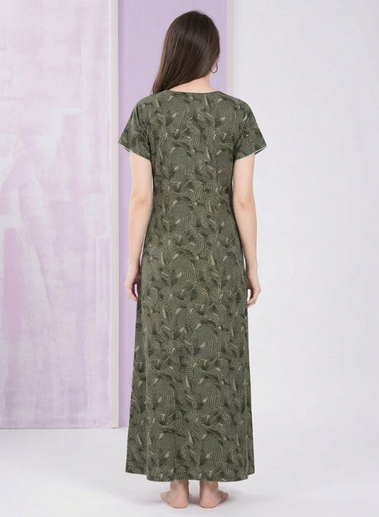 Olive Green  with Light Green Print Alpine Nighty