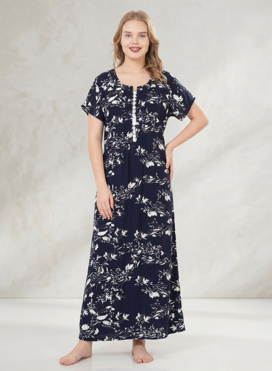 Navy Blue floral print Rayon Nighty