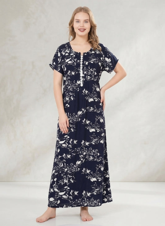 Navy Blue floral print Rayon Nighty