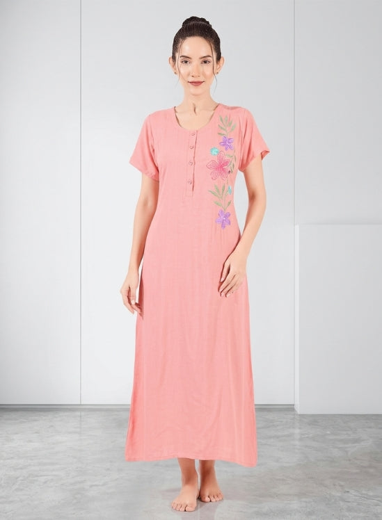 Peach Pink floral embroidery Rayon Nighty