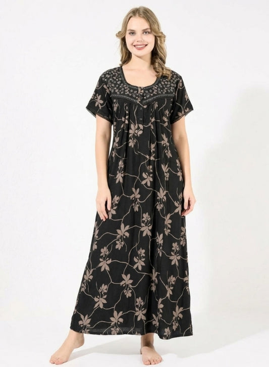 Deep Black with Soft Taupe Floral Alpine Nighty