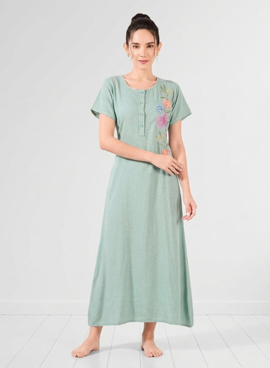 Sage Green floral embroidery Rayon Nighty