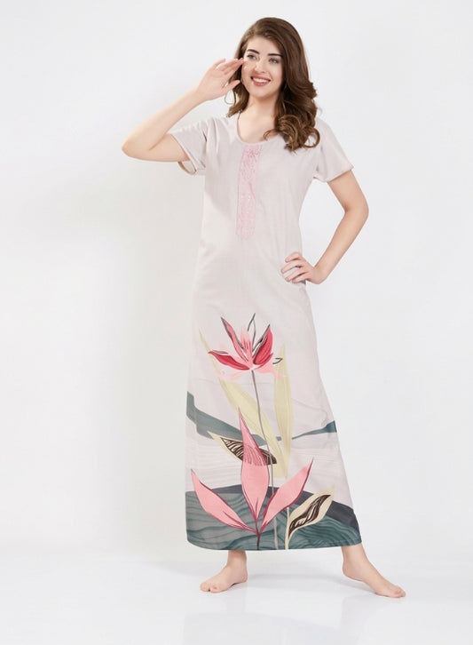 Soft Beige with Pink Floral Print Alpine Nighty