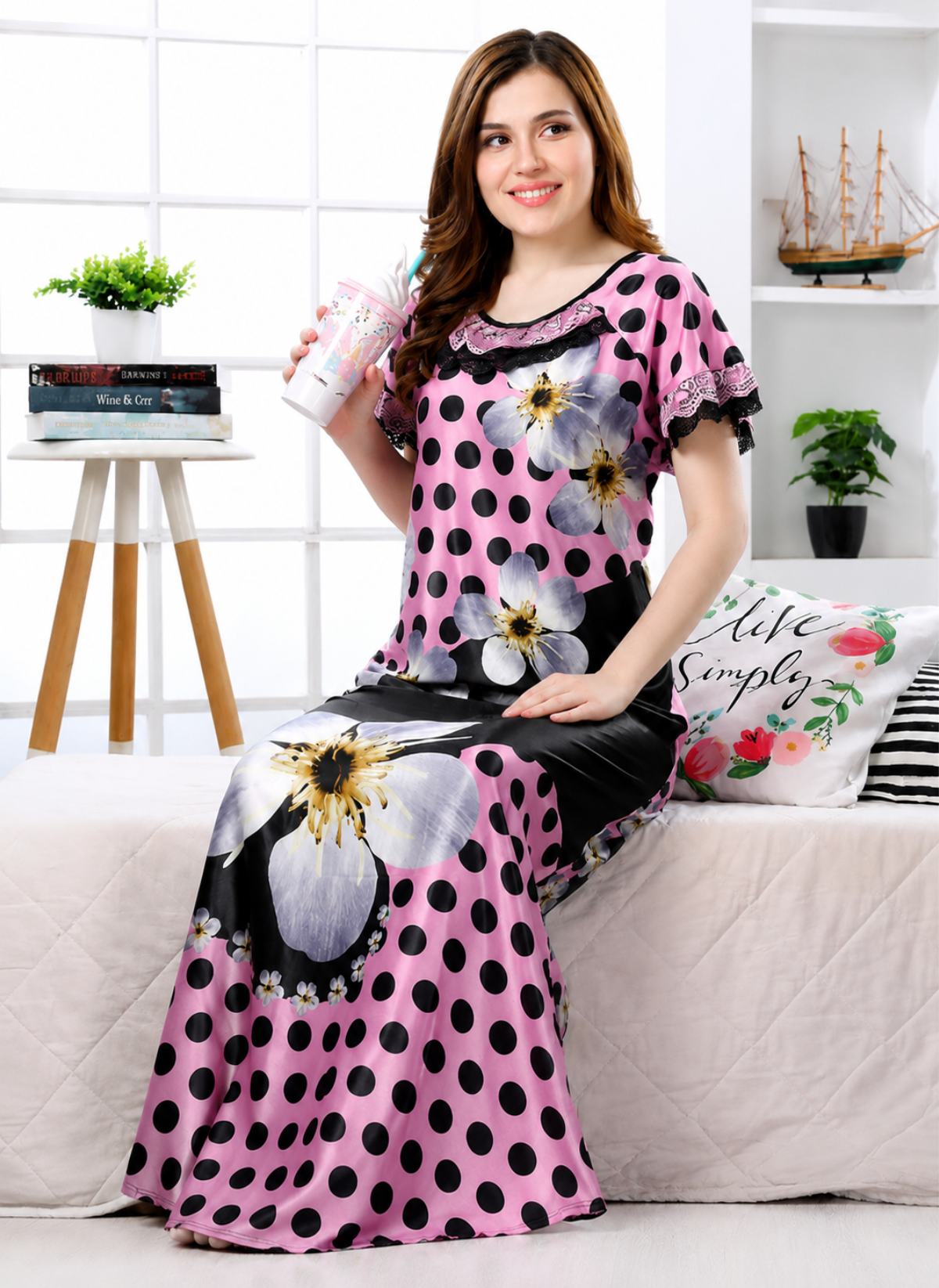 Rose pink polka dot floral print satin nighty with lace trim sleeves