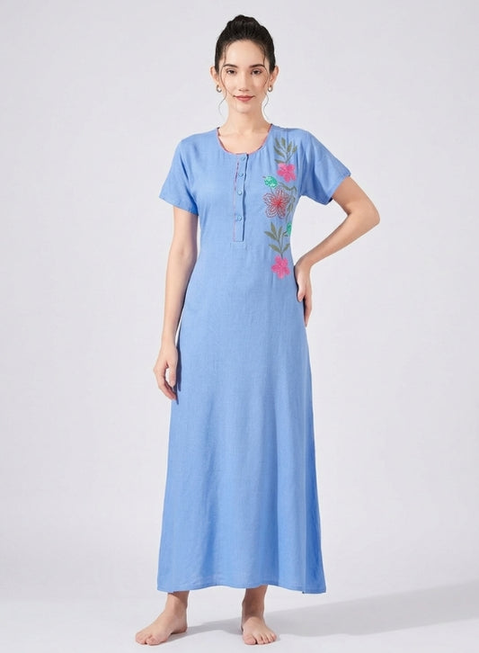 Soft Sky Blue with Pink Floral Embroidery Rayon Nighty