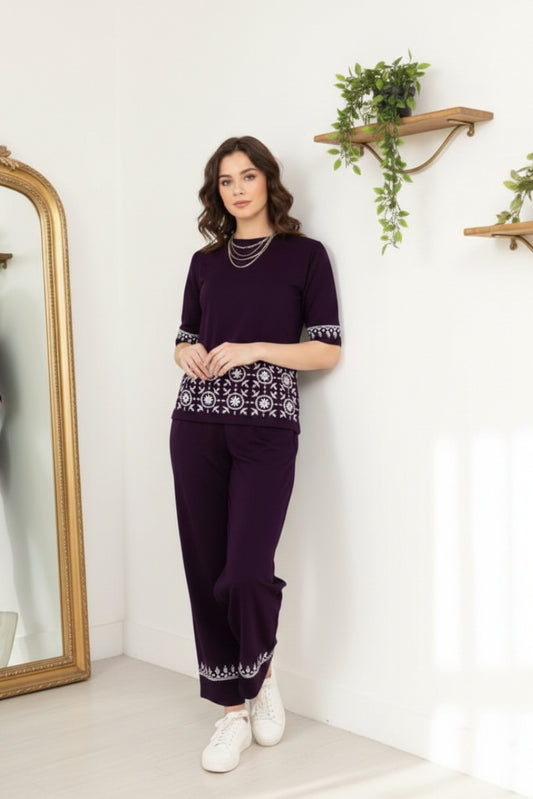 Deep Purple Geometric White Contrast Border Print Night Suit Set