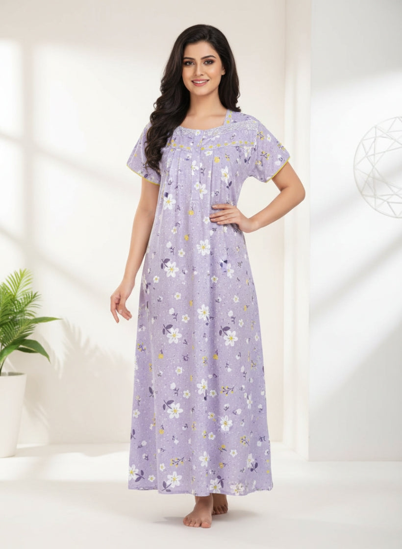 Lavender Mist with White floral Print Cotton Nighty
