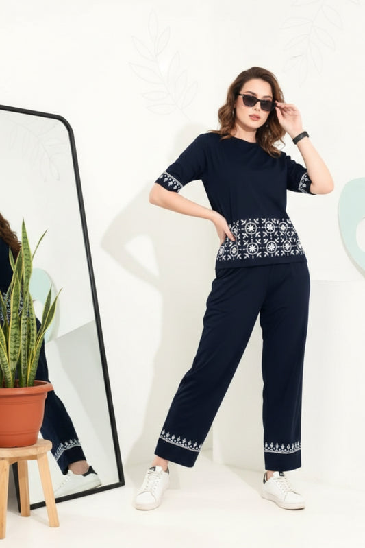 Navy Geometric White Contrast Border Print Night Suit Set