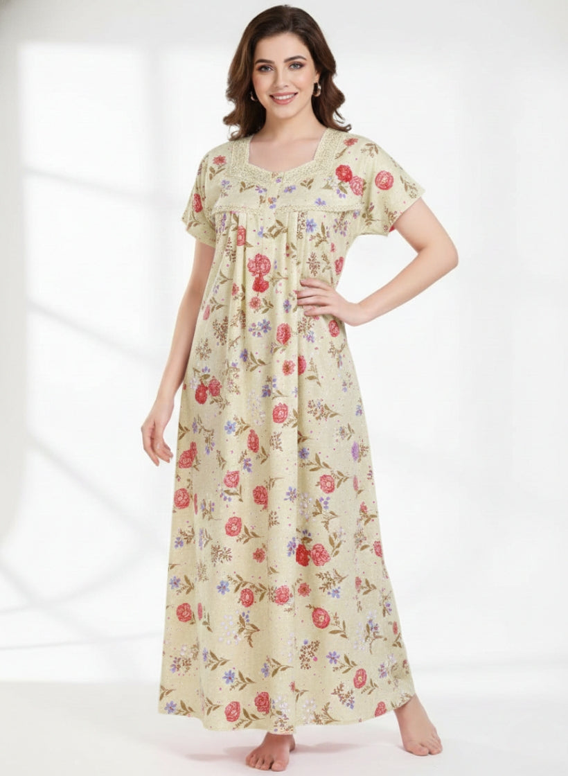 Cream with Red and Purple mixed floral Print Cotton Nighty