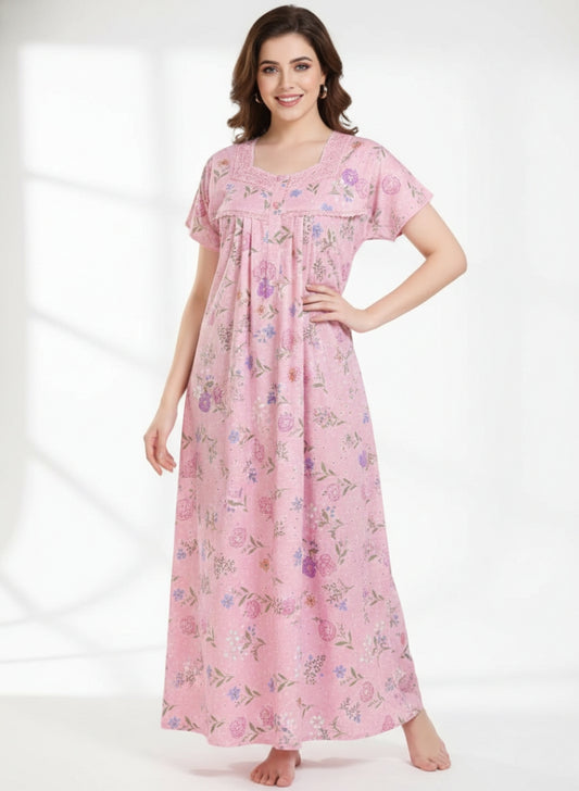 Candy Pink with Purple and Blue mixed floral Print Cotton Nighty